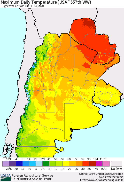 Southern South America Maximum Daily Temperature (USAF 557th WW) Thematic Map For 6/8/2020 - 6/14/2020