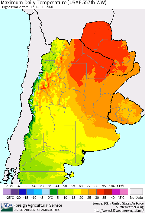Southern South America Maximum Daily Temperature (USAF 557th WW) Thematic Map For 6/15/2020 - 6/21/2020