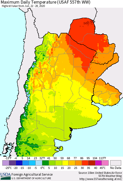 Southern South America Maximum Daily Temperature (USAF 557th WW) Thematic Map For 6/22/2020 - 6/28/2020