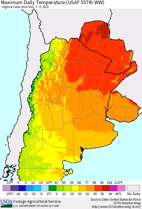 Southern South America Maximum Daily Temperature (USAF 557th WW) Thematic Map For 5/3/2021 - 5/9/2021