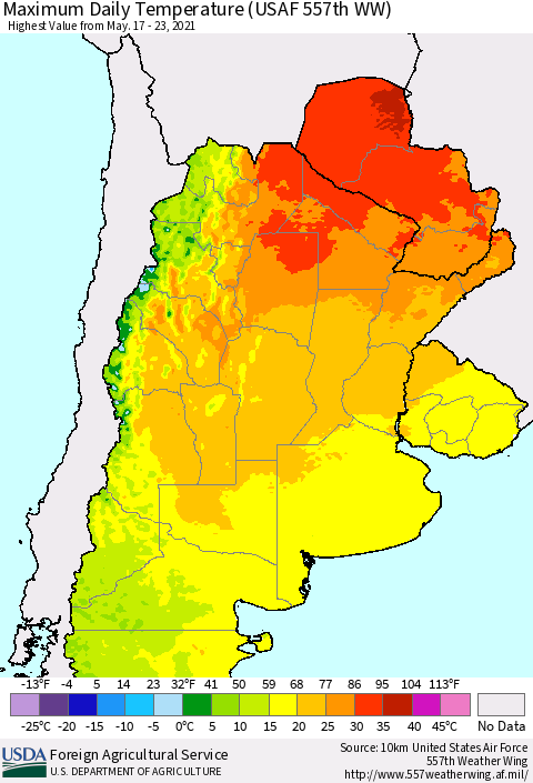 Southern South America Maximum Daily Temperature (USAF 557th WW) Thematic Map For 5/17/2021 - 5/23/2021