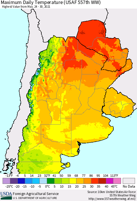 Southern South America Maximum Daily Temperature (USAF 557th WW) Thematic Map For 5/24/2021 - 5/30/2021