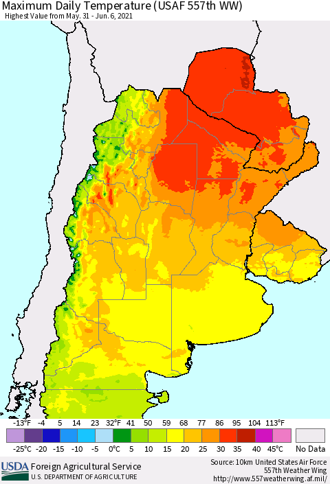 Southern South America Maximum Daily Temperature (USAF 557th WW) Thematic Map For 5/31/2021 - 6/6/2021