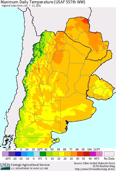 Southern South America Maximum Daily Temperature (USAF 557th WW) Thematic Map For 6/7/2021 - 6/13/2021