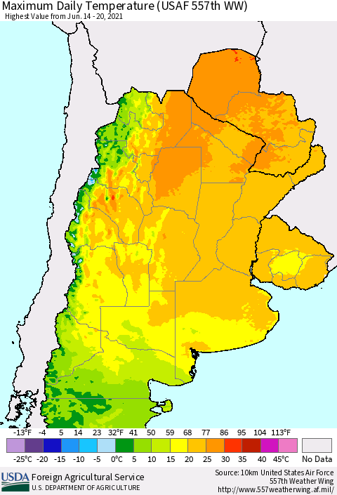 Southern South America Maximum Daily Temperature (USAF 557th WW) Thematic Map For 6/14/2021 - 6/20/2021
