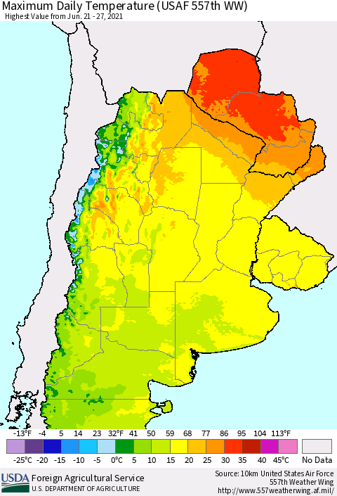 Southern South America Maximum Daily Temperature (USAF 557th WW) Thematic Map For 6/21/2021 - 6/27/2021