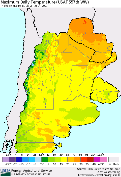 Southern South America Maximum Daily Temperature (USAF 557th WW) Thematic Map For 6/28/2021 - 7/4/2021