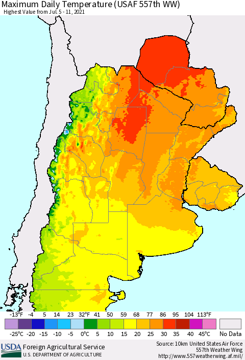 Southern South America Maximum Daily Temperature (USAF 557th WW) Thematic Map For 7/5/2021 - 7/11/2021