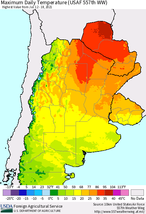 Southern South America Maximum Daily Temperature (USAF 557th WW) Thematic Map For 7/12/2021 - 7/18/2021