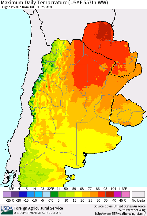 Southern South America Maximum Daily Temperature (USAF 557th WW) Thematic Map For 7/19/2021 - 7/25/2021