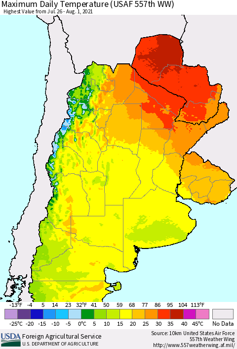 Southern South America Maximum Daily Temperature (USAF 557th WW) Thematic Map For 7/26/2021 - 8/1/2021