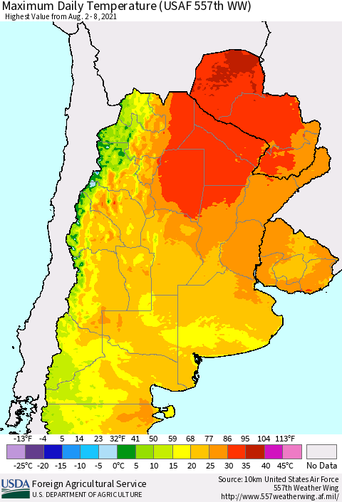 Southern South America Maximum Daily Temperature (USAF 557th WW) Thematic Map For 8/2/2021 - 8/8/2021