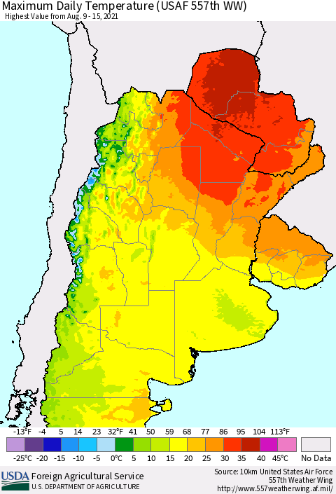 Southern South America Maximum Daily Temperature (USAF 557th WW) Thematic Map For 8/9/2021 - 8/15/2021