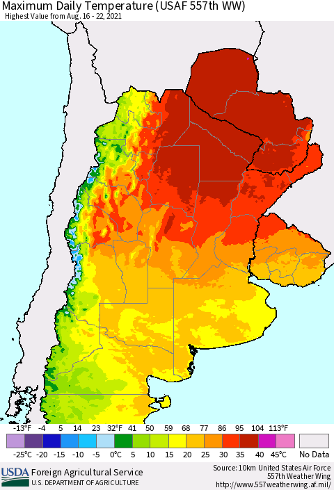 Southern South America Maximum Daily Temperature (USAF 557th WW) Thematic Map For 8/16/2021 - 8/22/2021