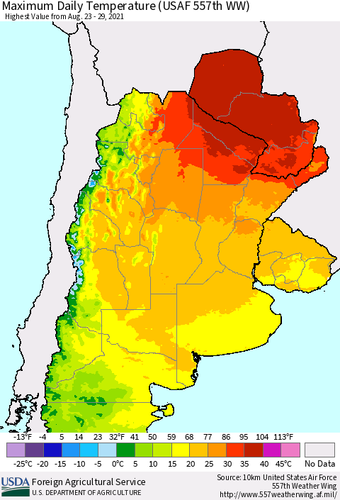 Southern South America Maximum Daily Temperature (USAF 557th WW) Thematic Map For 8/23/2021 - 8/29/2021