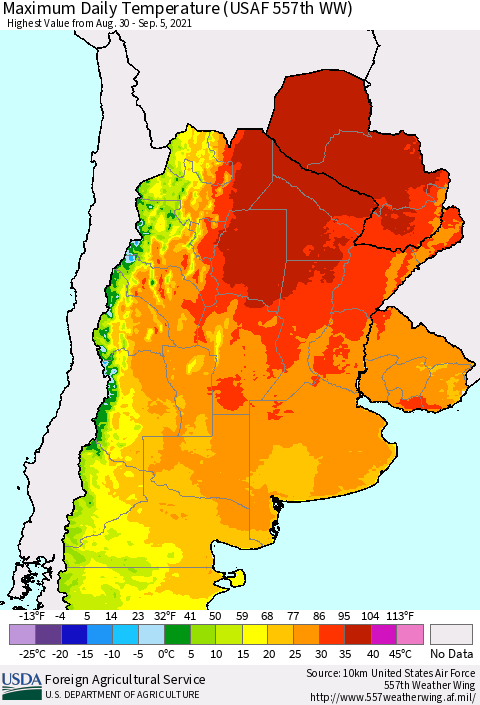 Southern South America Maximum Daily Temperature (USAF 557th WW) Thematic Map For 8/30/2021 - 9/5/2021
