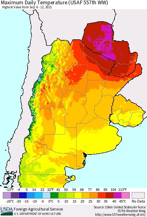 Southern South America Maximum Daily Temperature (USAF 557th WW) Thematic Map For 9/6/2021 - 9/12/2021