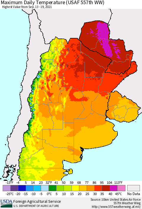 Southern South America Maximum Daily Temperature (USAF 557th WW) Thematic Map For 9/13/2021 - 9/19/2021