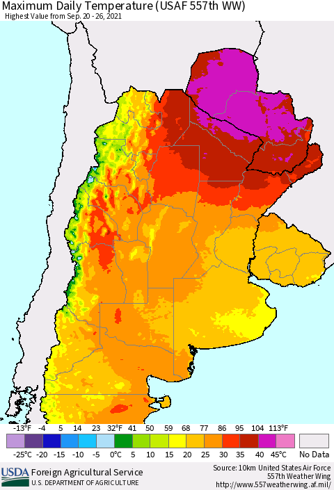 Southern South America Maximum Daily Temperature (USAF 557th WW) Thematic Map For 9/20/2021 - 9/26/2021