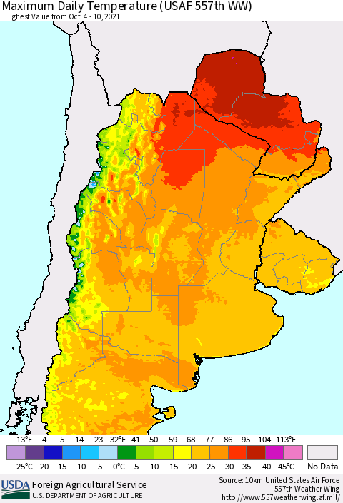 Southern South America Maximum Daily Temperature (USAF 557th WW) Thematic Map For 10/4/2021 - 10/10/2021