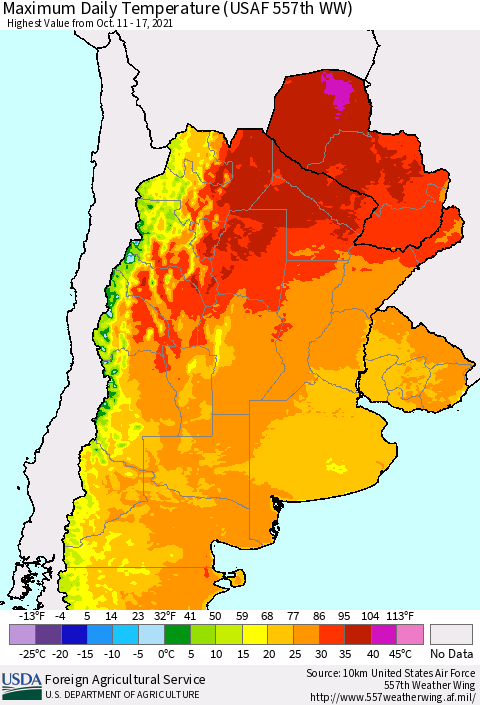Southern South America Maximum Daily Temperature (USAF 557th WW) Thematic Map For 10/11/2021 - 10/17/2021