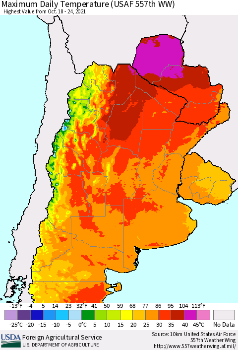 Southern South America Maximum Daily Temperature (USAF 557th WW) Thematic Map For 10/18/2021 - 10/24/2021