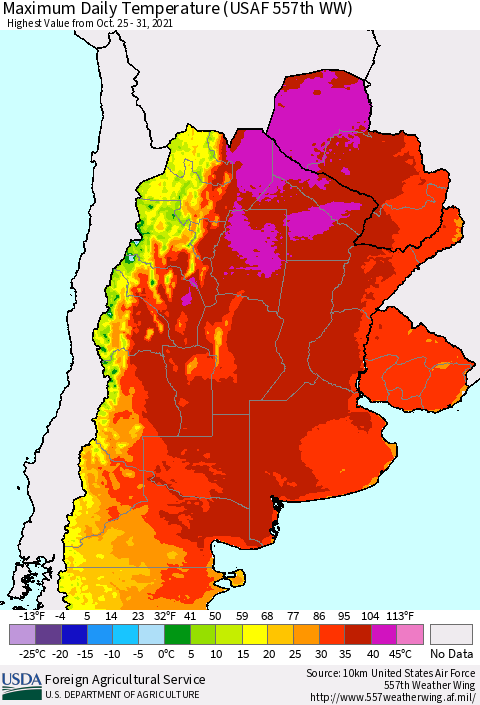 Southern South America Maximum Daily Temperature (USAF 557th WW) Thematic Map For 10/25/2021 - 10/31/2021