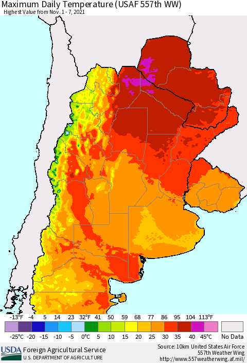 Southern South America Maximum Daily Temperature (USAF 557th WW) Thematic Map For 11/1/2021 - 11/7/2021