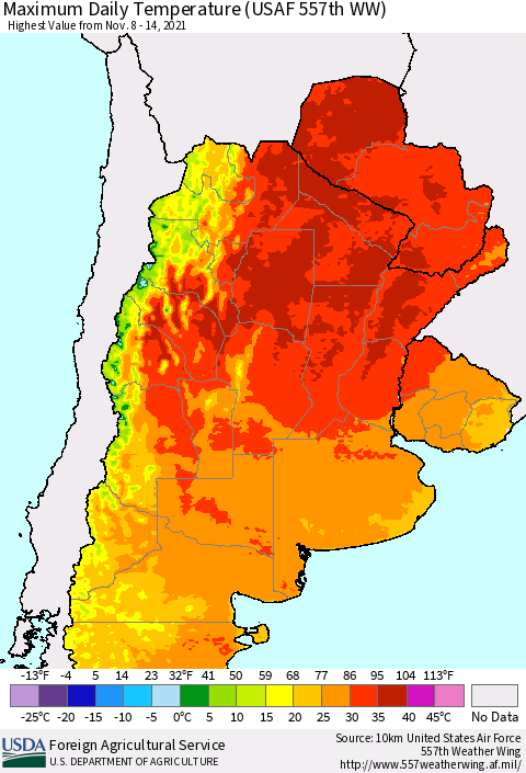 Southern South America Maximum Daily Temperature (USAF 557th WW) Thematic Map For 11/8/2021 - 11/14/2021