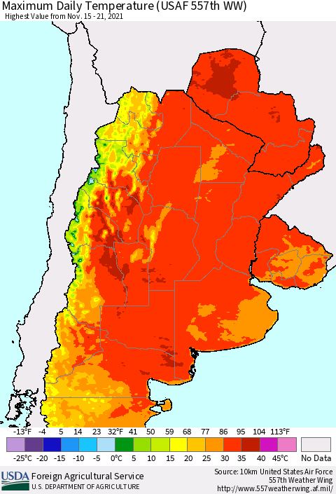Southern South America Maximum Daily Temperature (USAF 557th WW) Thematic Map For 11/15/2021 - 11/21/2021