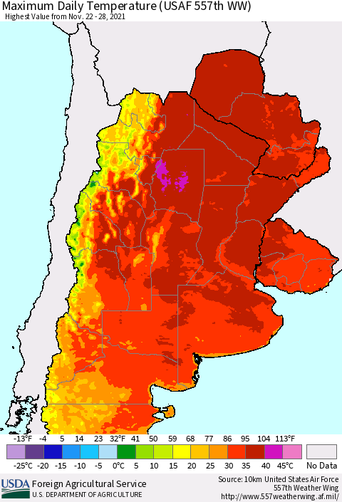 Southern South America Maximum Daily Temperature (USAF 557th WW) Thematic Map For 11/22/2021 - 11/28/2021