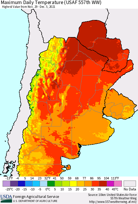 Southern South America Maximum Daily Temperature (USAF 557th WW) Thematic Map For 11/29/2021 - 12/5/2021