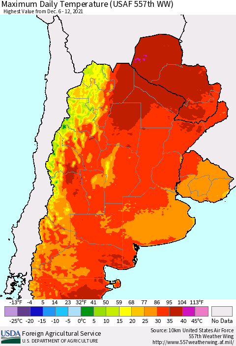 Southern South America Maximum Daily Temperature (USAF 557th WW) Thematic Map For 12/6/2021 - 12/12/2021