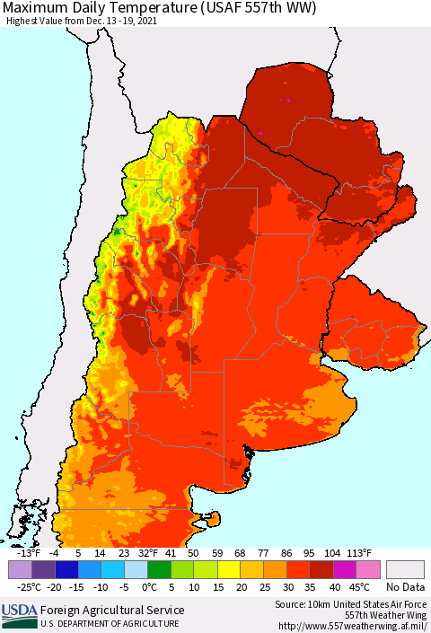 Southern South America Maximum Daily Temperature (USAF 557th WW) Thematic Map For 12/13/2021 - 12/19/2021