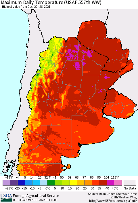 Southern South America Maximum Daily Temperature (USAF 557th WW) Thematic Map For 12/20/2021 - 12/26/2021