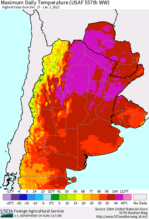 Southern South America Maximum Daily Temperature (USAF 557th WW) Thematic Map For 12/27/2021 - 1/2/2022