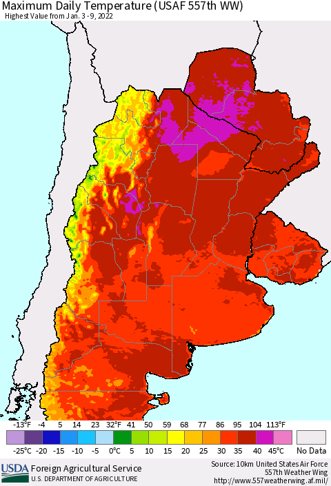 Southern South America Maximum Daily Temperature (USAF 557th WW) Thematic Map For 1/3/2022 - 1/9/2022