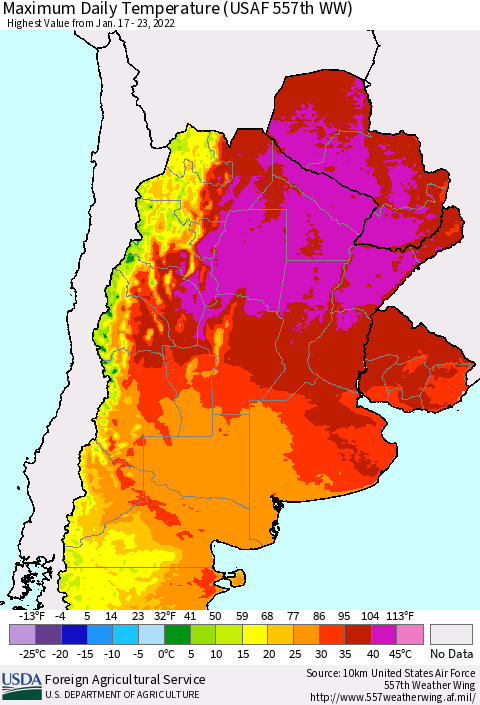 Southern South America Maximum Daily Temperature (USAF 557th WW) Thematic Map For 1/17/2022 - 1/23/2022