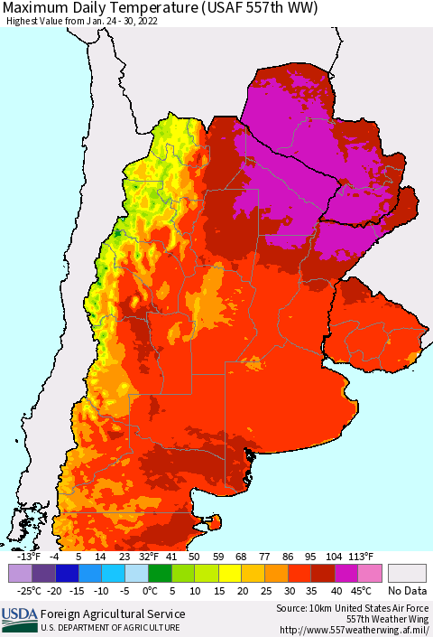 Southern South America Maximum Daily Temperature (USAF 557th WW) Thematic Map For 1/24/2022 - 1/30/2022
