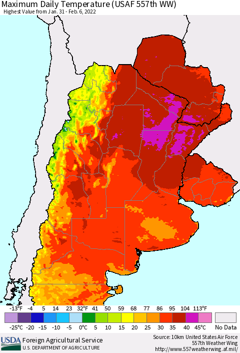 Southern South America Maximum Daily Temperature (USAF 557th WW) Thematic Map For 1/31/2022 - 2/6/2022