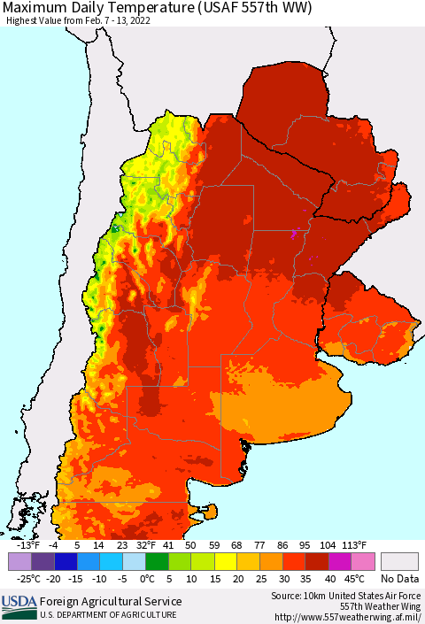 Southern South America Maximum Daily Temperature (USAF 557th WW) Thematic Map For 2/7/2022 - 2/13/2022