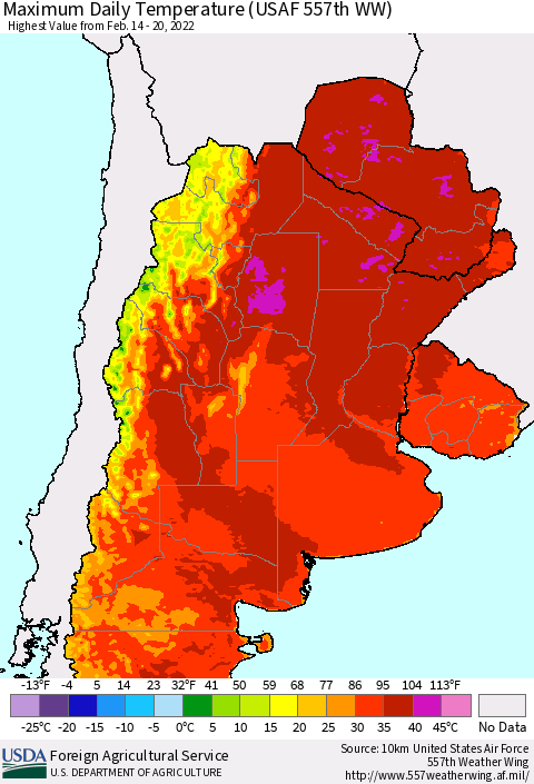Southern South America Maximum Daily Temperature (USAF 557th WW) Thematic Map For 2/14/2022 - 2/20/2022