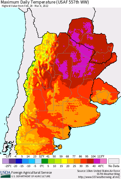 Southern South America Maximum Daily Temperature (USAF 557th WW) Thematic Map For 2/28/2022 - 3/6/2022