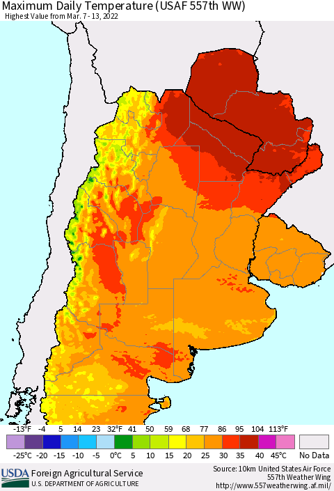 Southern South America Maximum Daily Temperature (USAF 557th WW) Thematic Map For 3/7/2022 - 3/13/2022