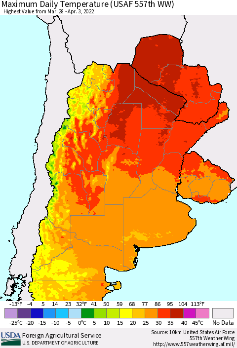Southern South America Maximum Daily Temperature (USAF 557th WW) Thematic Map For 3/28/2022 - 4/3/2022