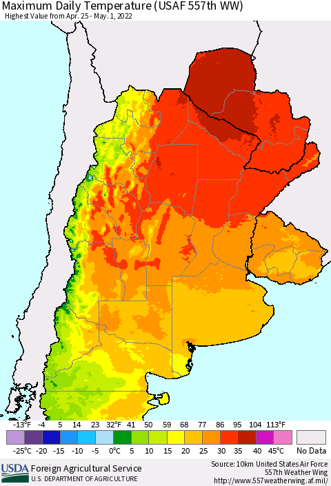 Southern South America Maximum Daily Temperature (USAF 557th WW) Thematic Map For 4/25/2022 - 5/1/2022