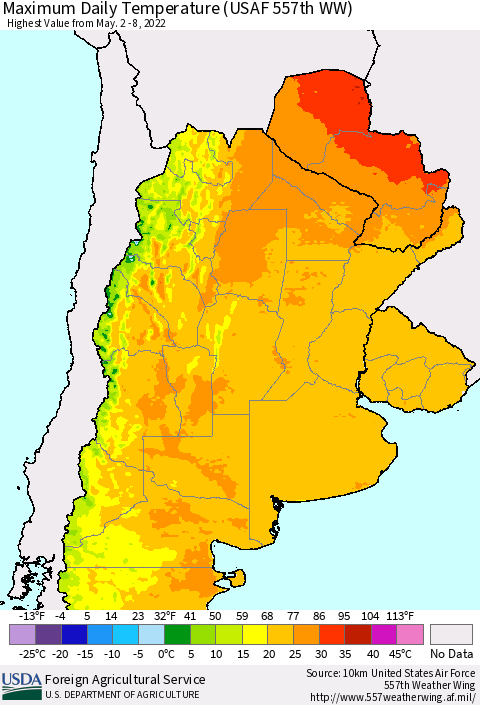 Southern South America Maximum Daily Temperature (USAF 557th WW) Thematic Map For 5/2/2022 - 5/8/2022