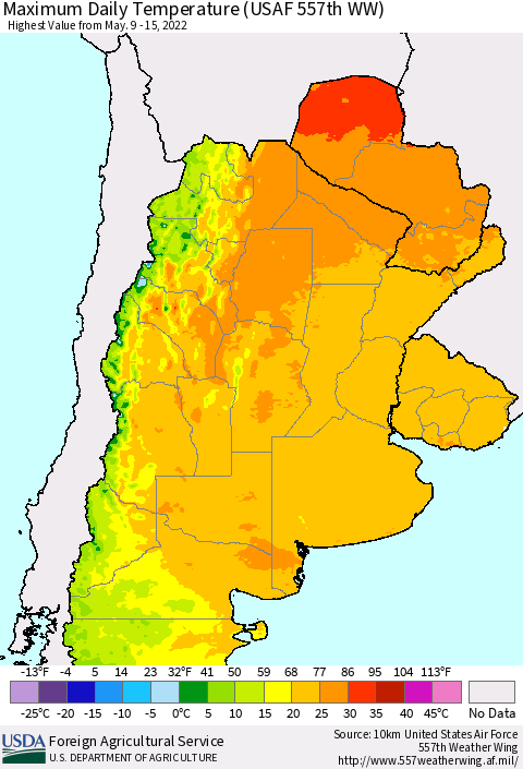 Southern South America Maximum Daily Temperature (USAF 557th WW) Thematic Map For 5/9/2022 - 5/15/2022