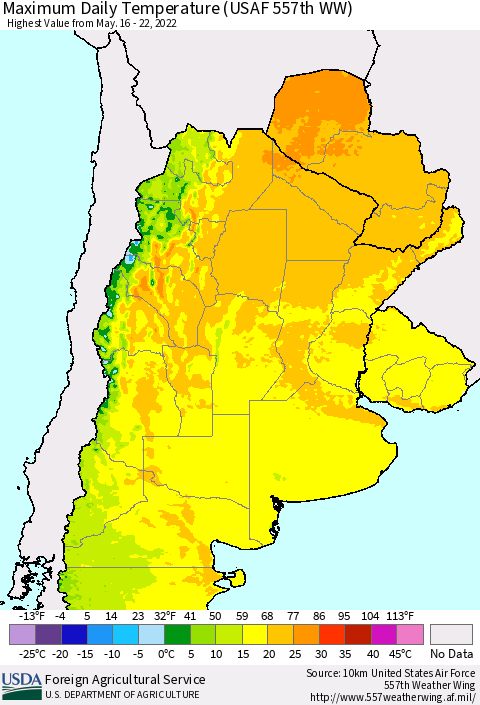 Southern South America Maximum Daily Temperature (USAF 557th WW) Thematic Map For 5/16/2022 - 5/22/2022