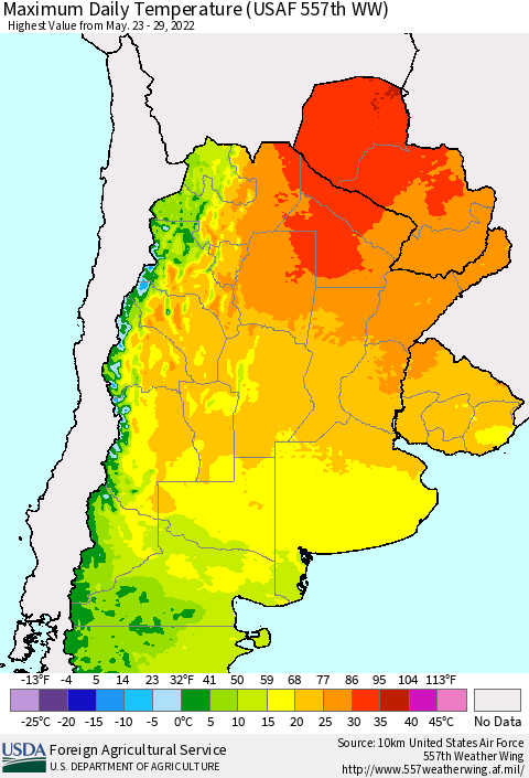 Southern South America Maximum Daily Temperature (USAF 557th WW) Thematic Map For 5/23/2022 - 5/29/2022